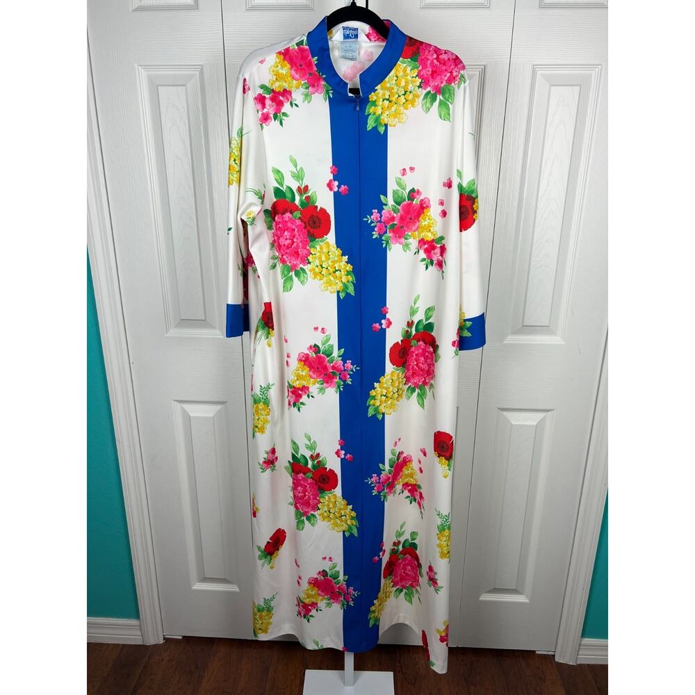 Vintage 70s Evelyn Pearson Go Coat Zip Front Lounge Maxi Robe Medium‎ Florals - Picture 4 of 7